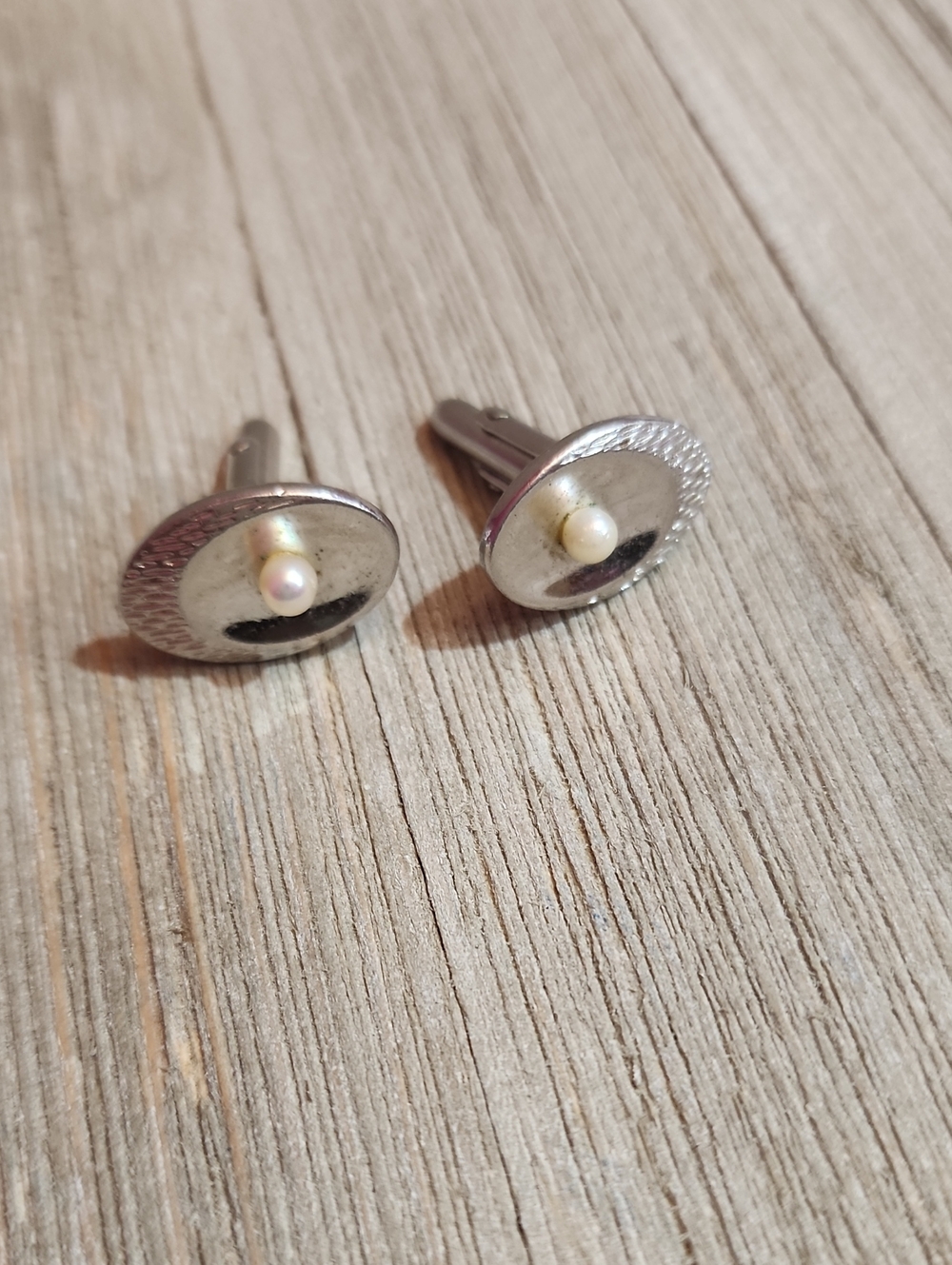 Vintage Swank Silver Tone Pearl Accent Oval Cufflinks